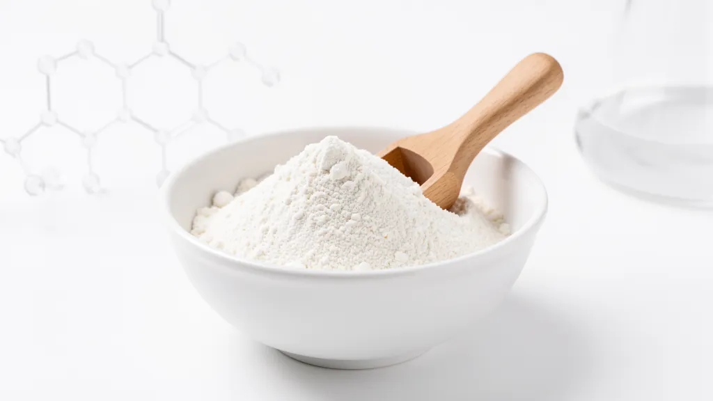 Collagen protein powder in a white ceramic scoop