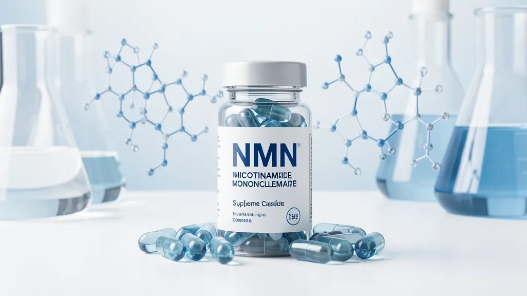 NMN supplement powder in a clear glass container