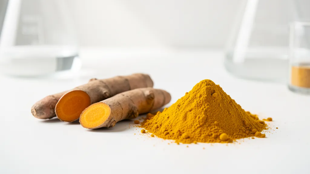 Fresh turmeric root and turmeric powder in a bowl
